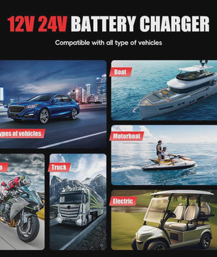 Universele 12V/24V Slimme Batterijlader met 7-Traps Oplaadcyclus & Reparatie Modus