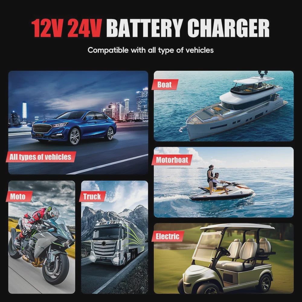 Universele 12V/24V Slimme Batterijlader met 7-Traps Oplaadcyclus & Reparatie Modus