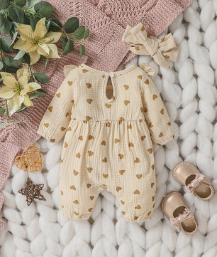 Schattige Baby Meisjes Jumpsuit met Hartjesprint en Strikje - Katoen, Lange Mouwen