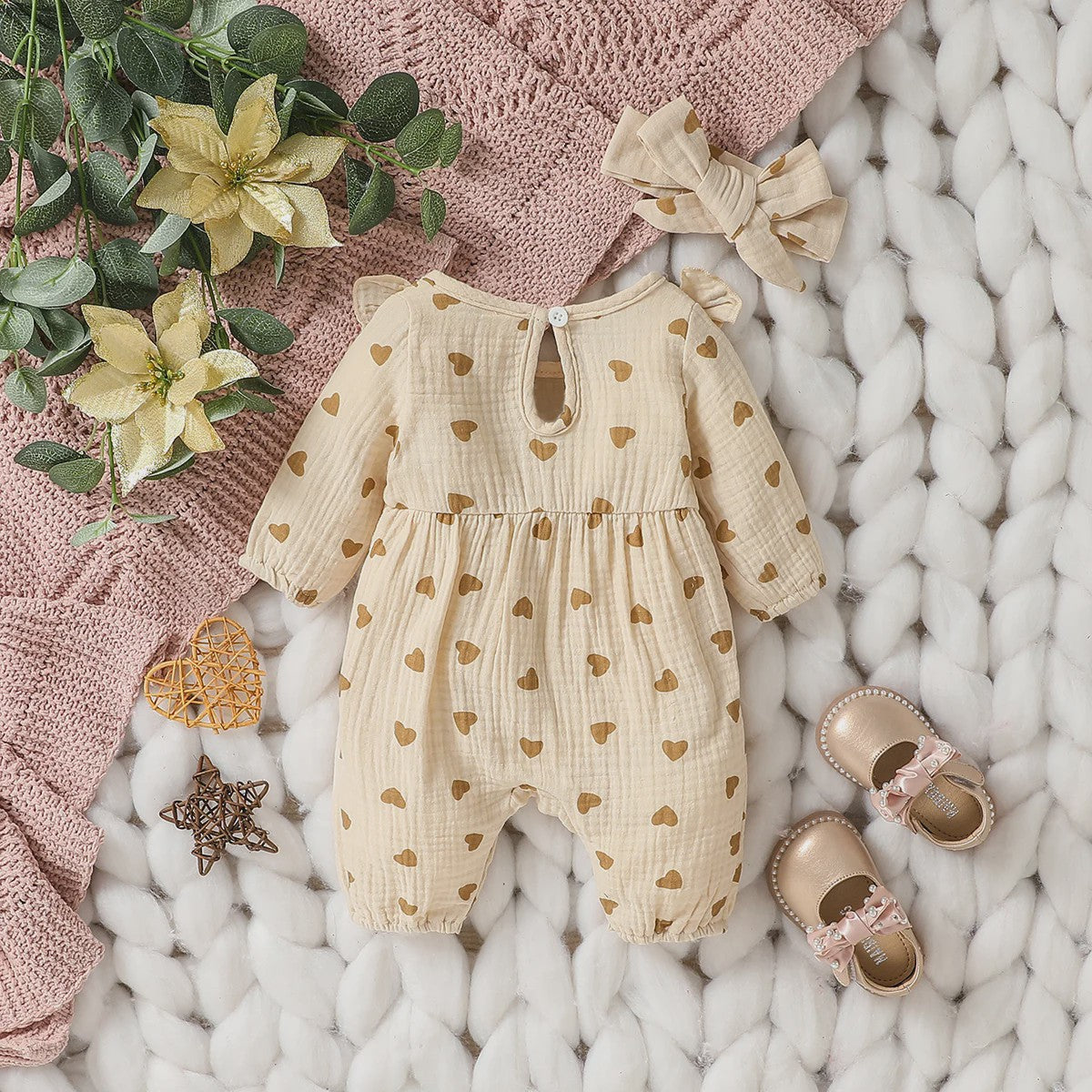 Schattige Baby Meisjes Jumpsuit met Hartjesprint en Strikje - Katoen, Lange Mouwen