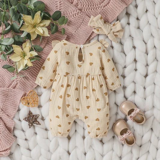 Schattige Baby Meisjes Jumpsuit met Hartjesprint en Strikje - Katoen, Lange Mouwen