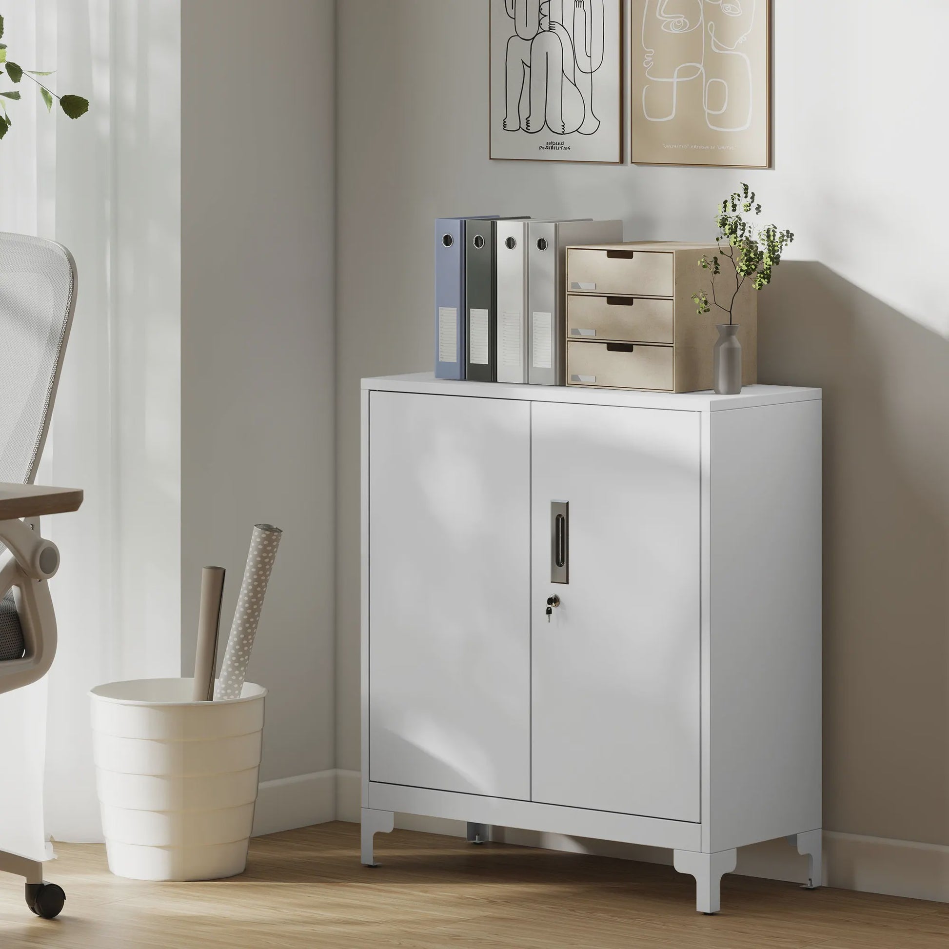 HOMCOM Metalen Archiefkast met 2 Deuren, Slot en Verstelbare Plank - Wit, 80x35x91 cm