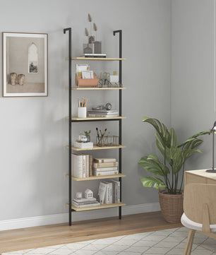 Industrieel Wandrek met 6 Planken - Zwart Staal & Naturel Hout - 60x30x206 cm