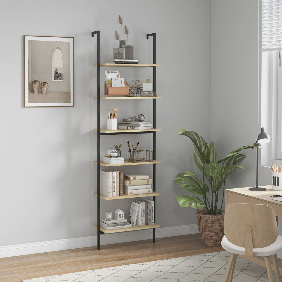 Industrieel Wandrek met 6 Planken - Zwart Staal & Naturel Hout - 60x30x206 cm