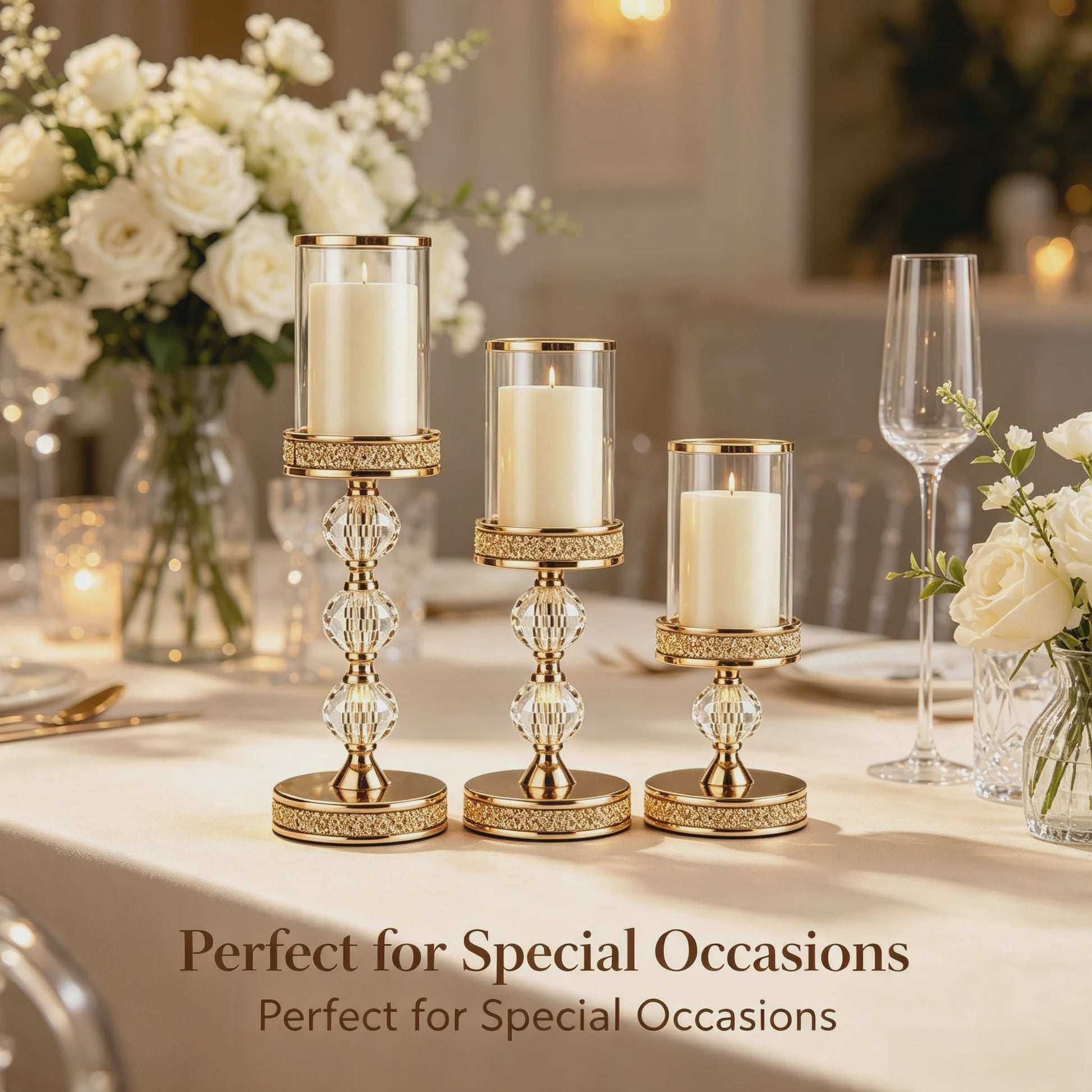 Luxe Gouden Kandelaars Set (3 stuks) met Kristal en Glas - Sfeervolle Decoratie