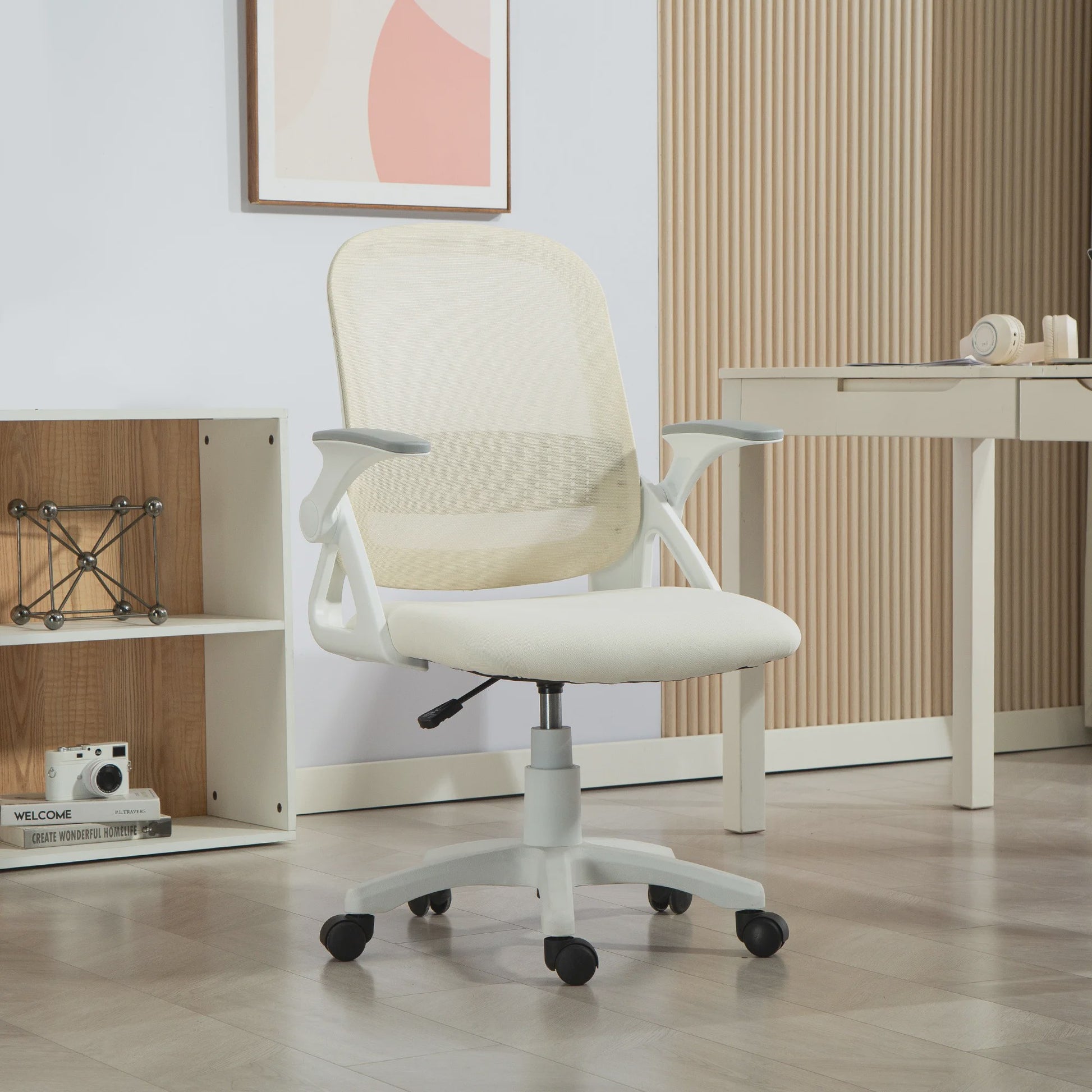 Ergonomische Bureaustoel met Mesh Rugleuning, Opklapbare Armleuningen en In Hoogte Verstelbaar - Wit