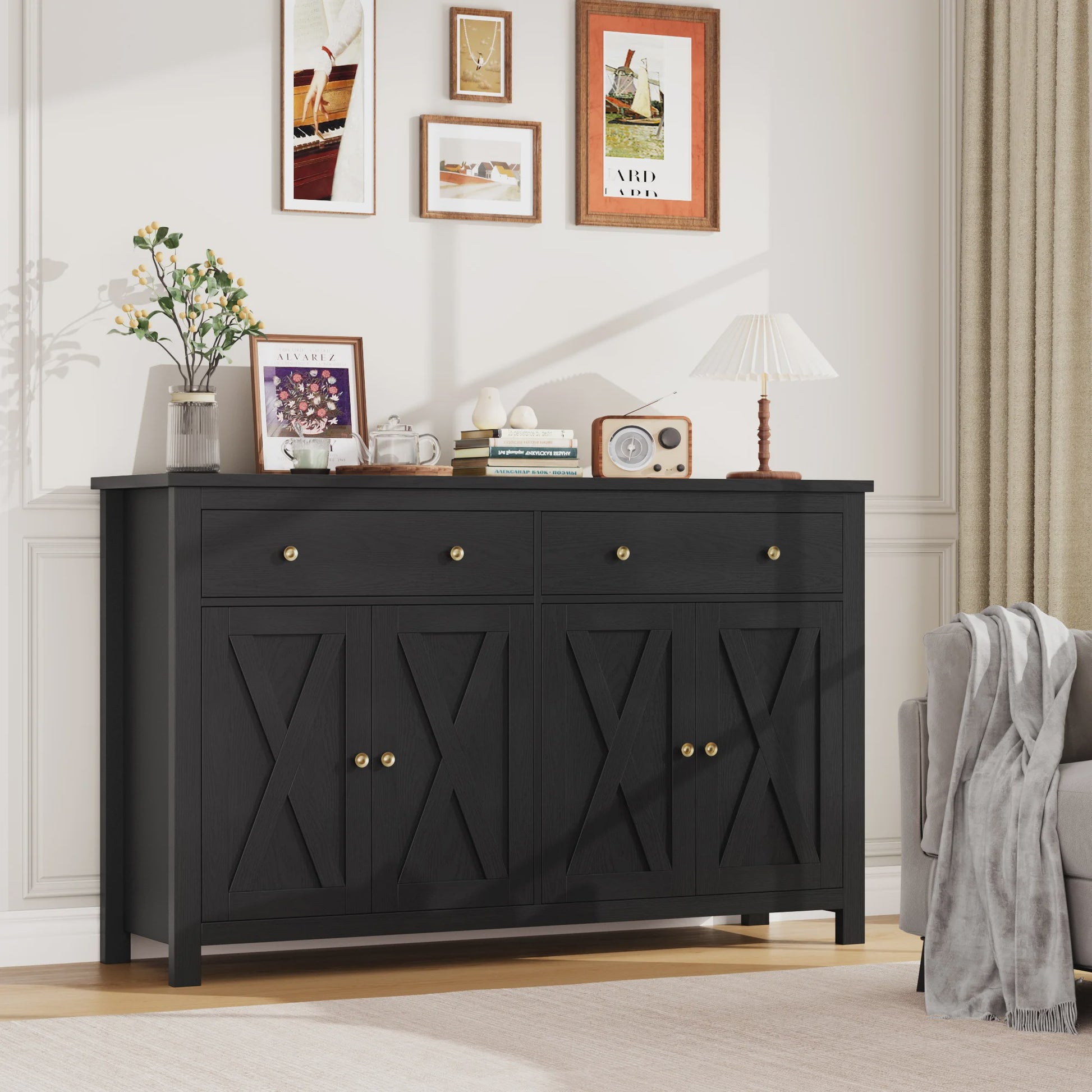 Groot Wit Dressoir met 2 Lades en 4 Deuren - Stijlvolle Opbergkast voor Woon- en Eetkamer (140x40x89cm)