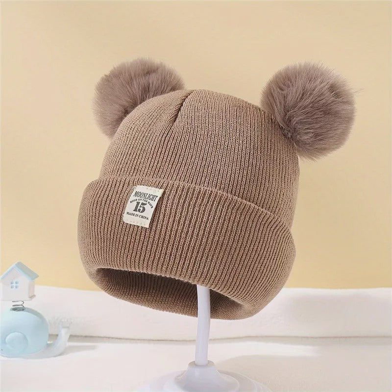 Warme Gebreide Babymuts met Dubbele Pompon - Winter Muts voor Jongens en Meisjes