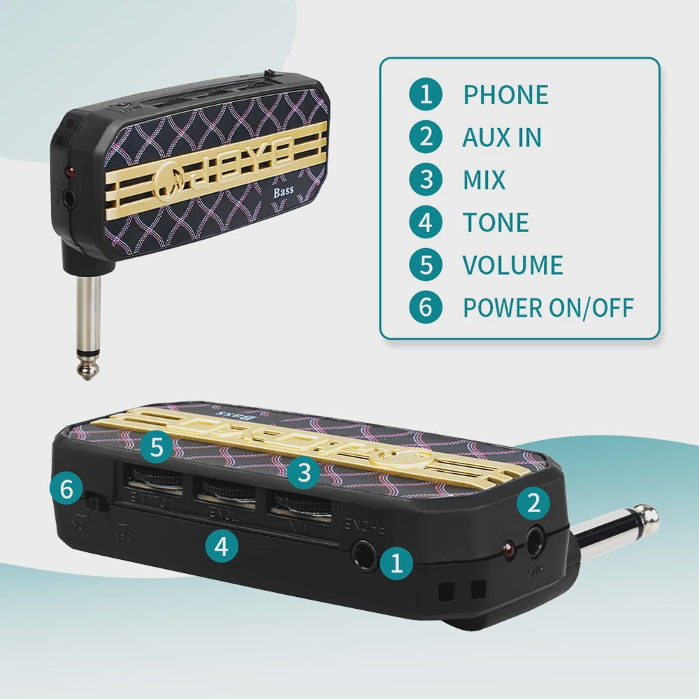 JOYO JA-03 Mini Bass Gitaarversterker - Draagbare Hoofdtelefoon Amp met 6 Geluidseffecten