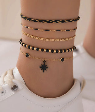 Bohemian Anklet Set: 4-delige Woven Rope & Kralen Enkelbandjes