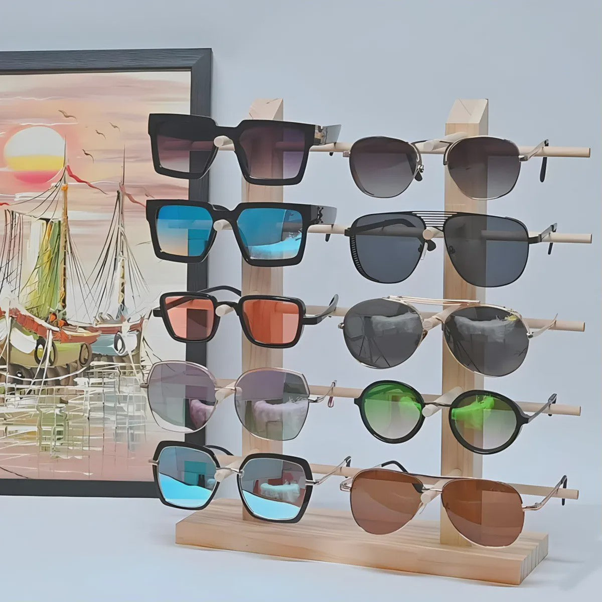 Houten Brillen Display Standaard - 5 Lagen Opbergrek voor Zonnebrillen en Optische Brillen