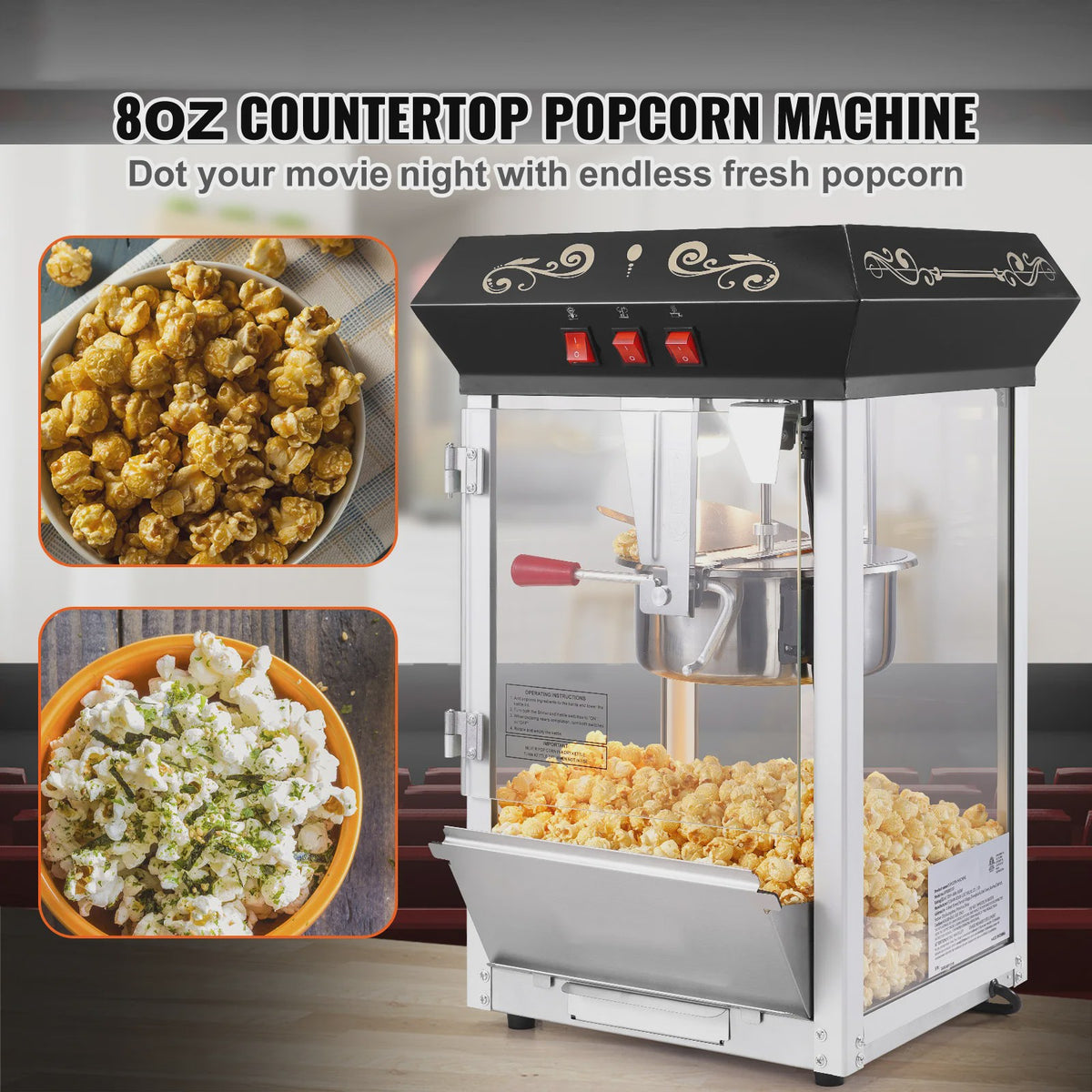 Professionele Popcorn Machine 850W - 8oz Ketel - Maakt tot 48 Cups per Batch