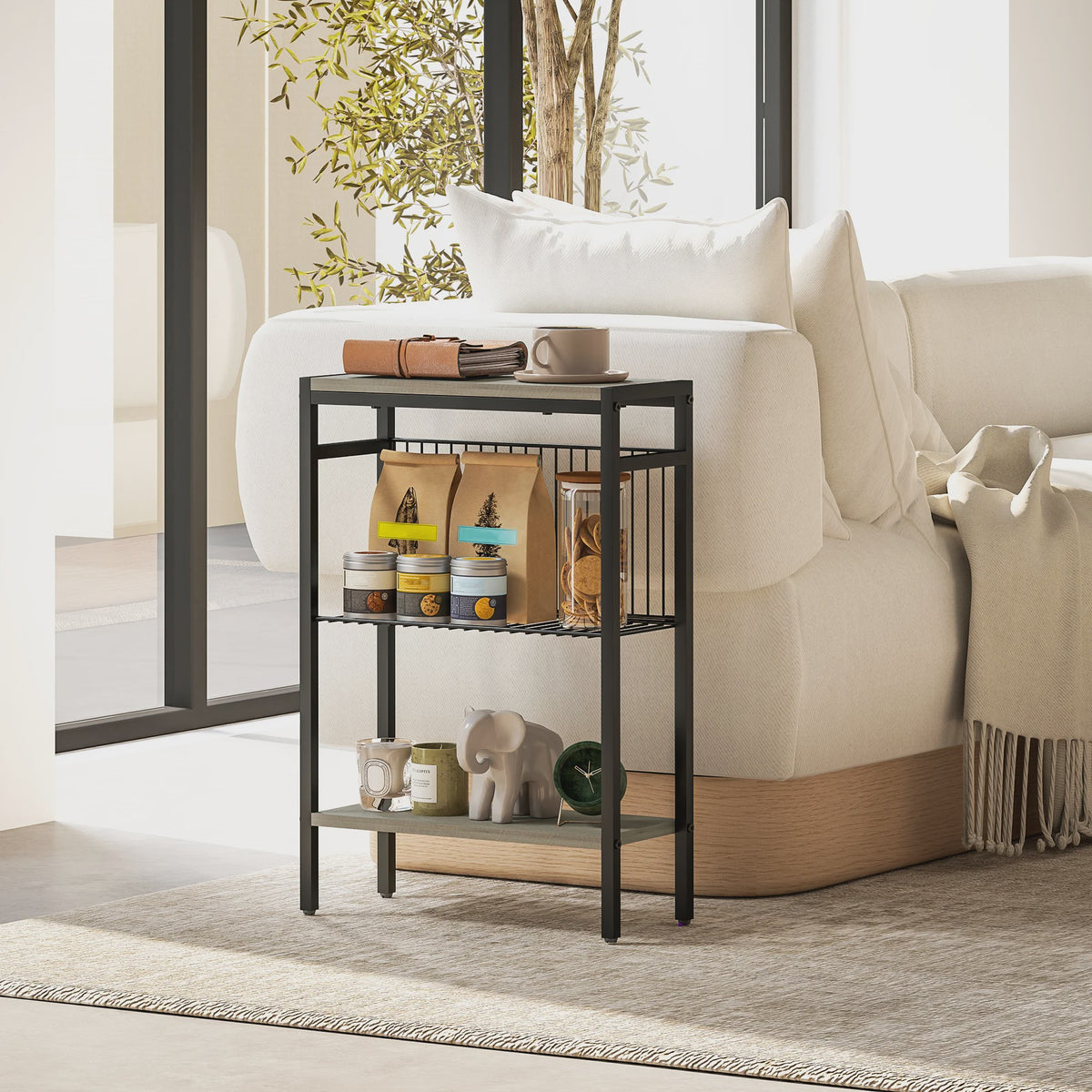 Homcom Smalle Bijzettafel met 3 Open Planken en Stalen Frame - Industrieel Design