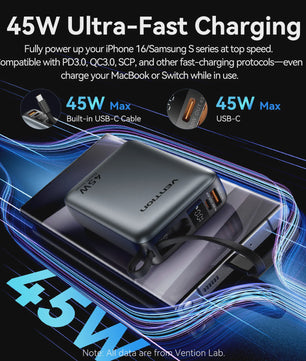 Vention 45W 20000mAh Powerbank - Snelladen voor iPhone, Samsung & Xiaomi