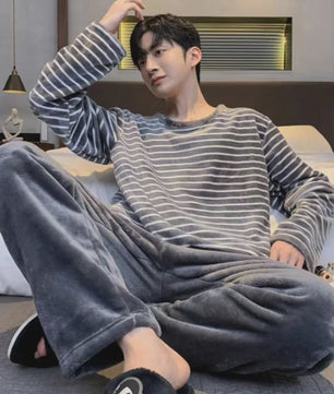 Heren Winter Pyjama Set - Gestreept Flanel, Lange Mouwen Loungewear