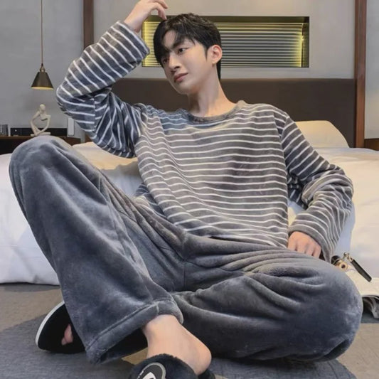 Heren Winter Pyjama Set - Gestreept Flanel, Lange Mouwen Loungewear