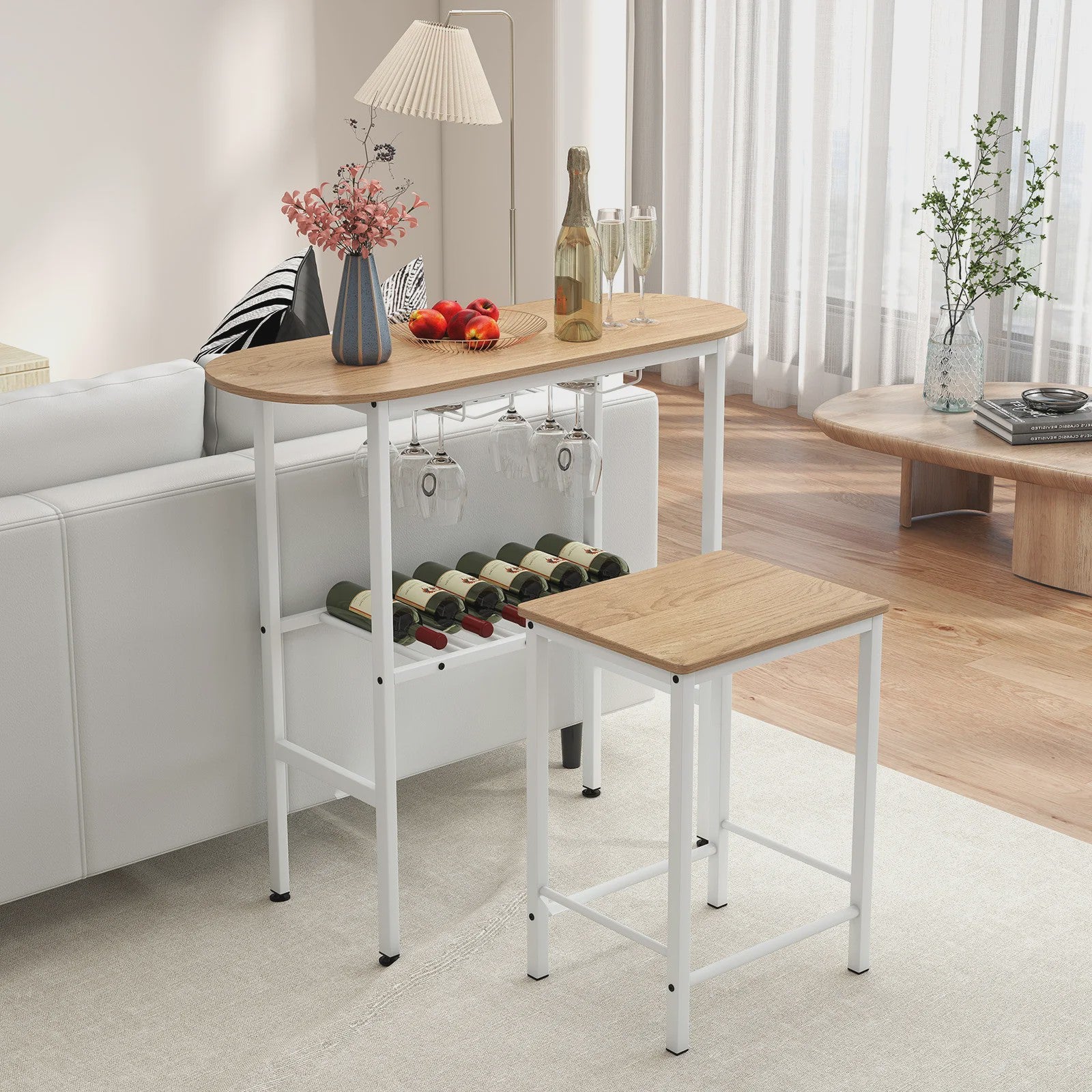 Compacte Bartafel Set met 2 Barkrukken, Wijnglashouders en Flessenrek - Ideaal voor Keuken of Eethoek