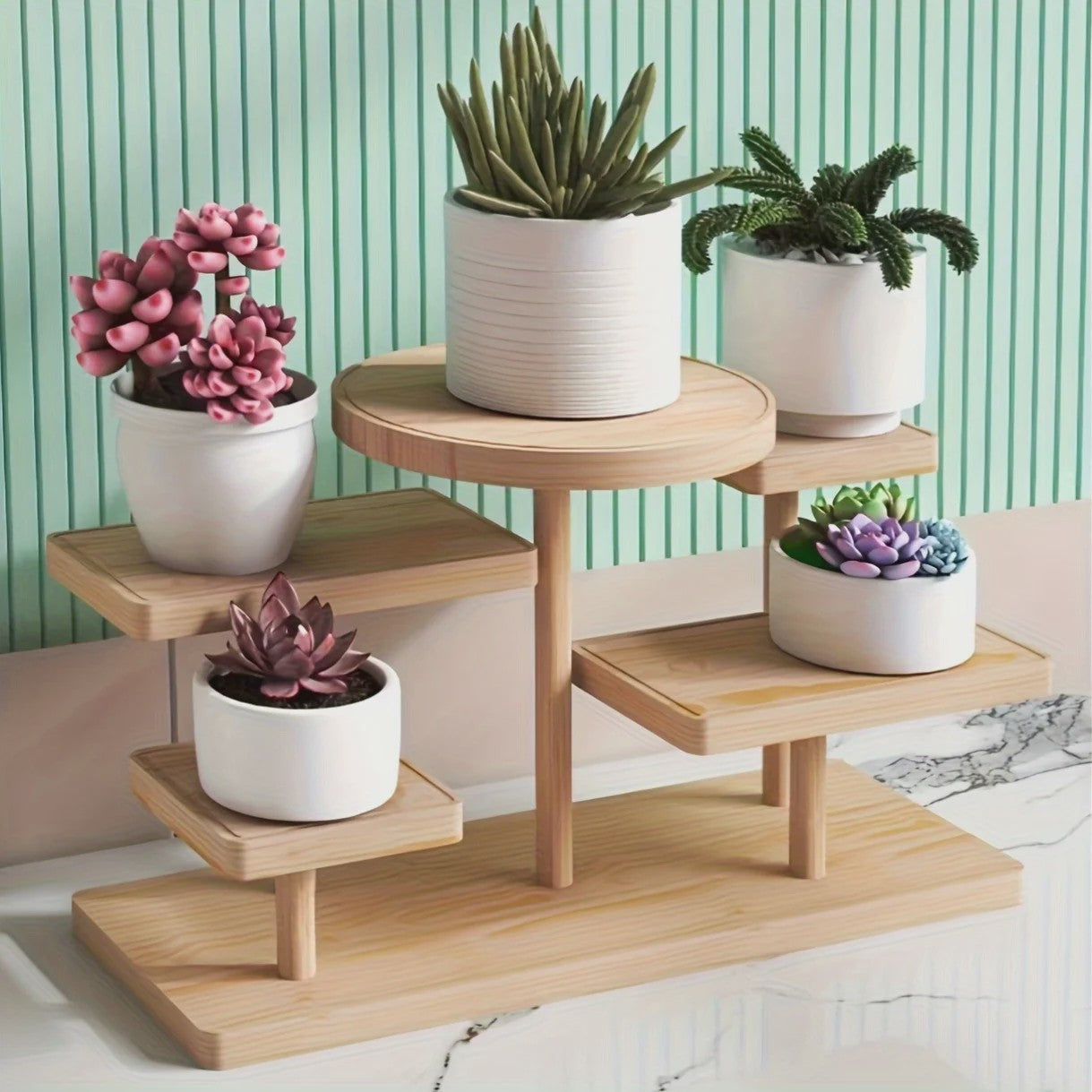 Houten Display Rek met Meerdere Niveaus - Stijlvolle Opberger voor Sieraden, Planten & Decoratie