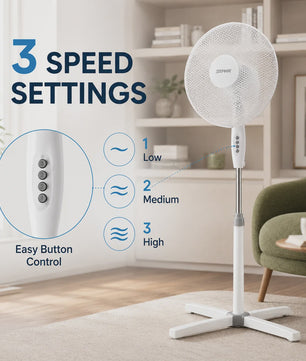 Zephir 40cm Staande Ventilator - 45W, 3 Snelheden, Verstelbare Hoogte tot 130cm, Oscillerend