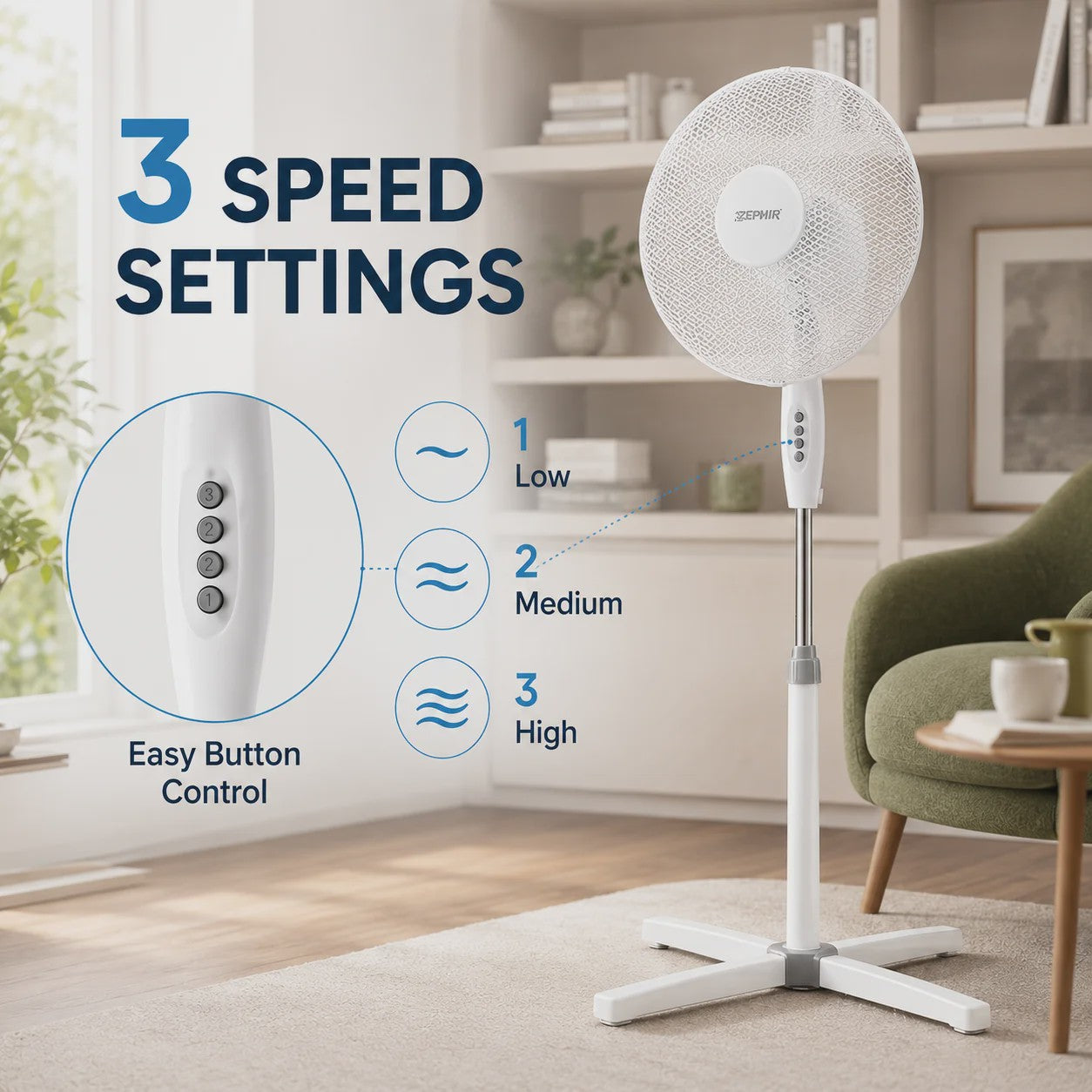 Zephir 40cm Staande Ventilator - 45W, 3 Snelheden, Verstelbare Hoogte tot 130cm, Oscillerend