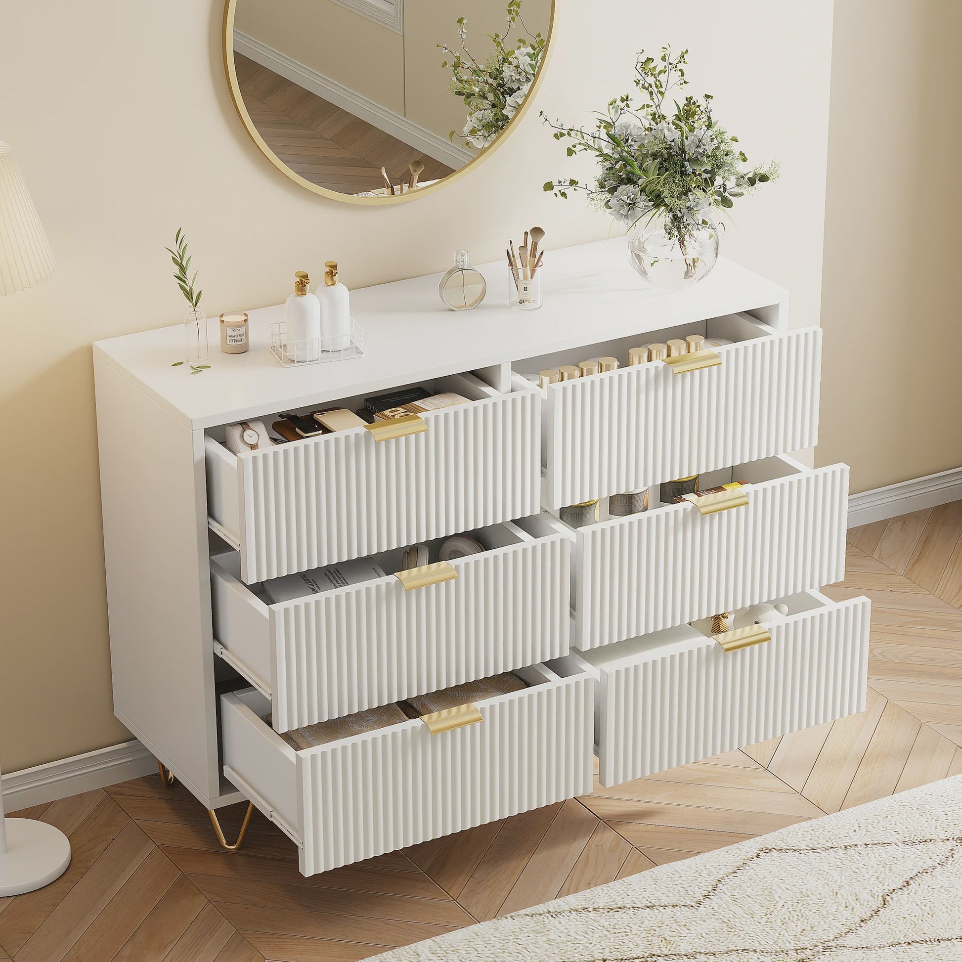 Stijlvol Wit Sideboard Kast met 6 Lades en Gouden Metalen Poten
