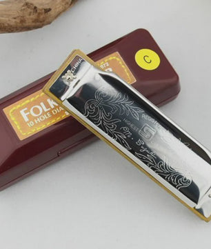Professionele 10-Gats C-Toon Diatonische Mondharmonica - Zilverkleurig, Inclusief Luxe Koffer