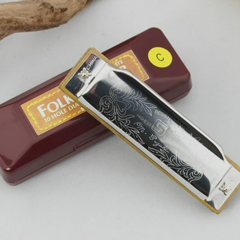 Professionele 10-Gats C-Toon Diatonische Mondharmonica - Zilverkleurig, Inclusief Luxe Koffer