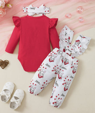Schattige Baby Meisjes Outfit 3-Delig: Rood Ruffle Romper, Broekje & Haarband met Konijntjes