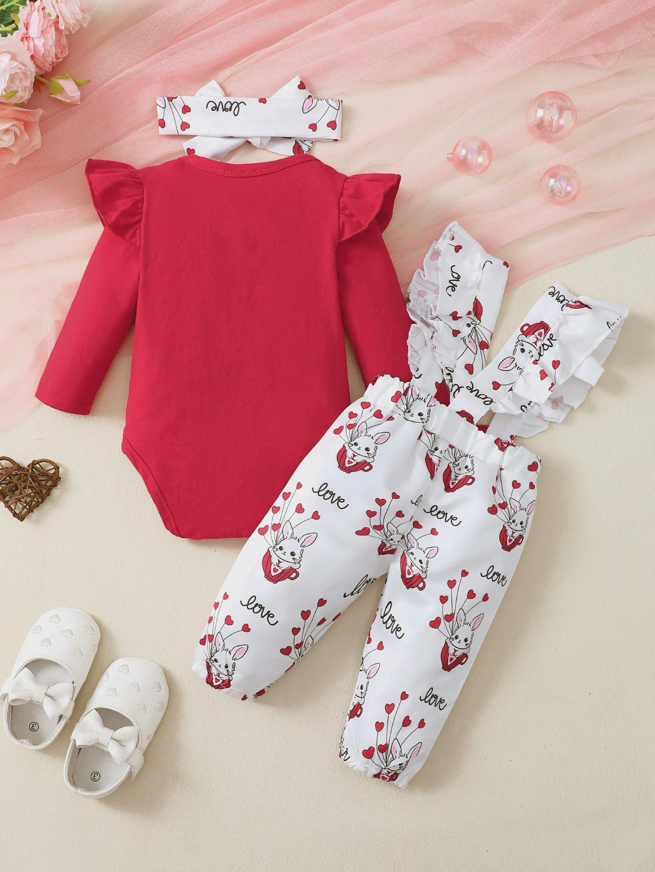 Schattige Baby Meisjes Outfit 3-Delig: Rood Ruffle Romper, Broekje & Haarband met Konijntjes