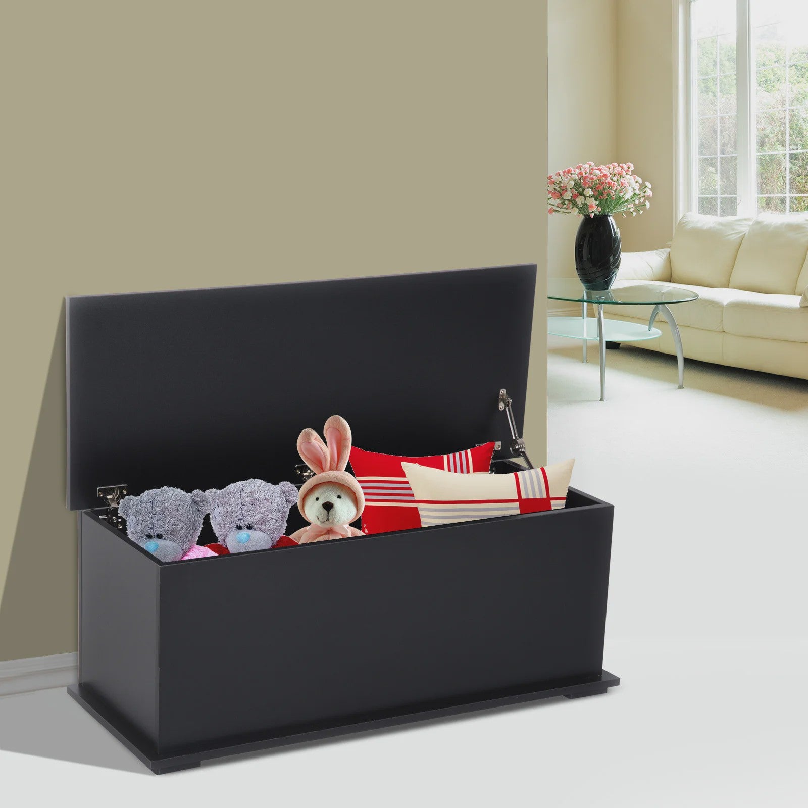 Grote Zwarte Houten Opbergkist met Scharnierend Deksel - 100x40x40 cm