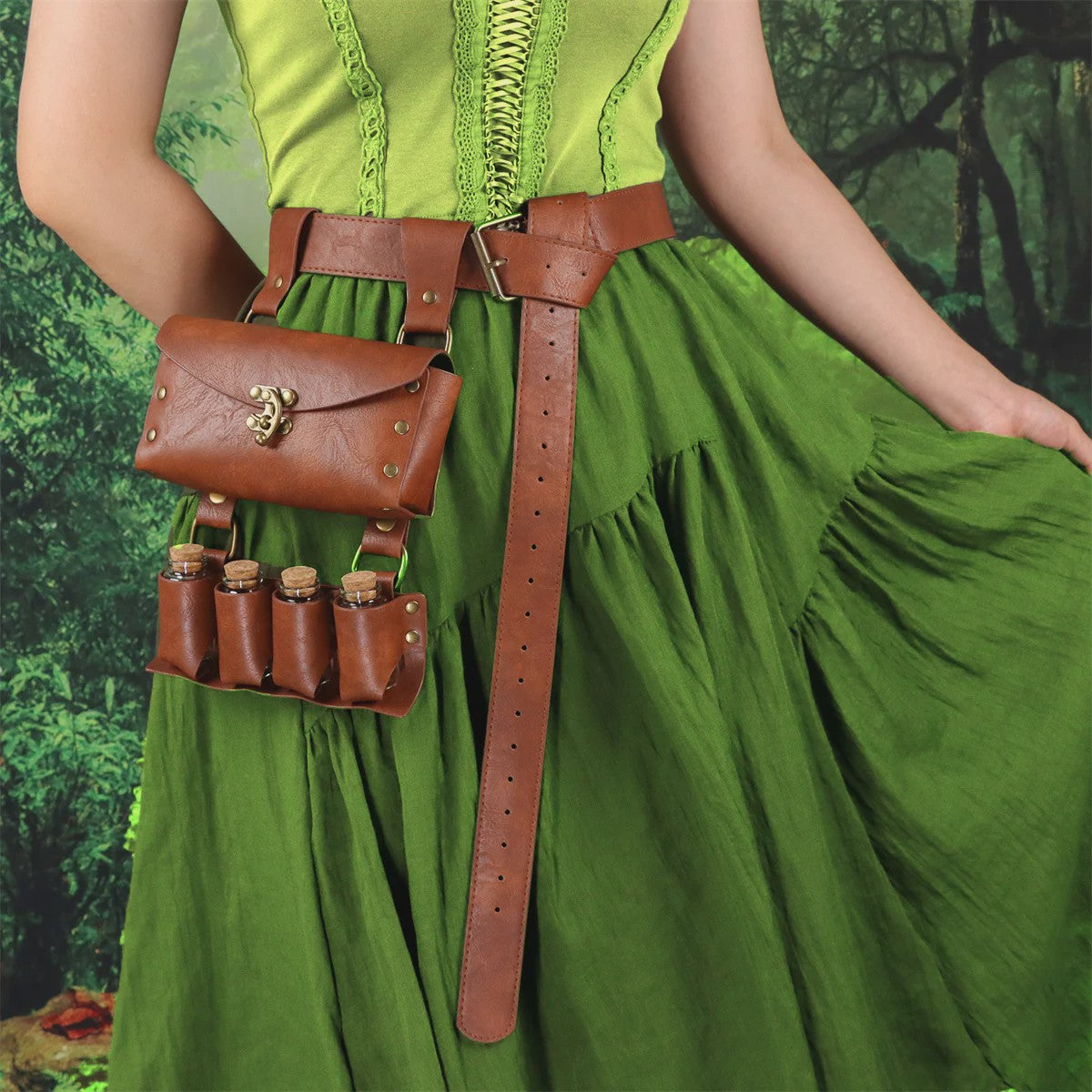 Middeleeuwse Lederen Riem met Flesjeshouder en Portemonnee - Cosplay & LARP Accessoire