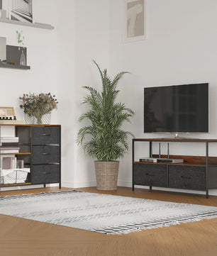 HOMCOM Furniture TV low on legs industrial Style 2 drawers in gray MDF fabric rustic brown and black metal
