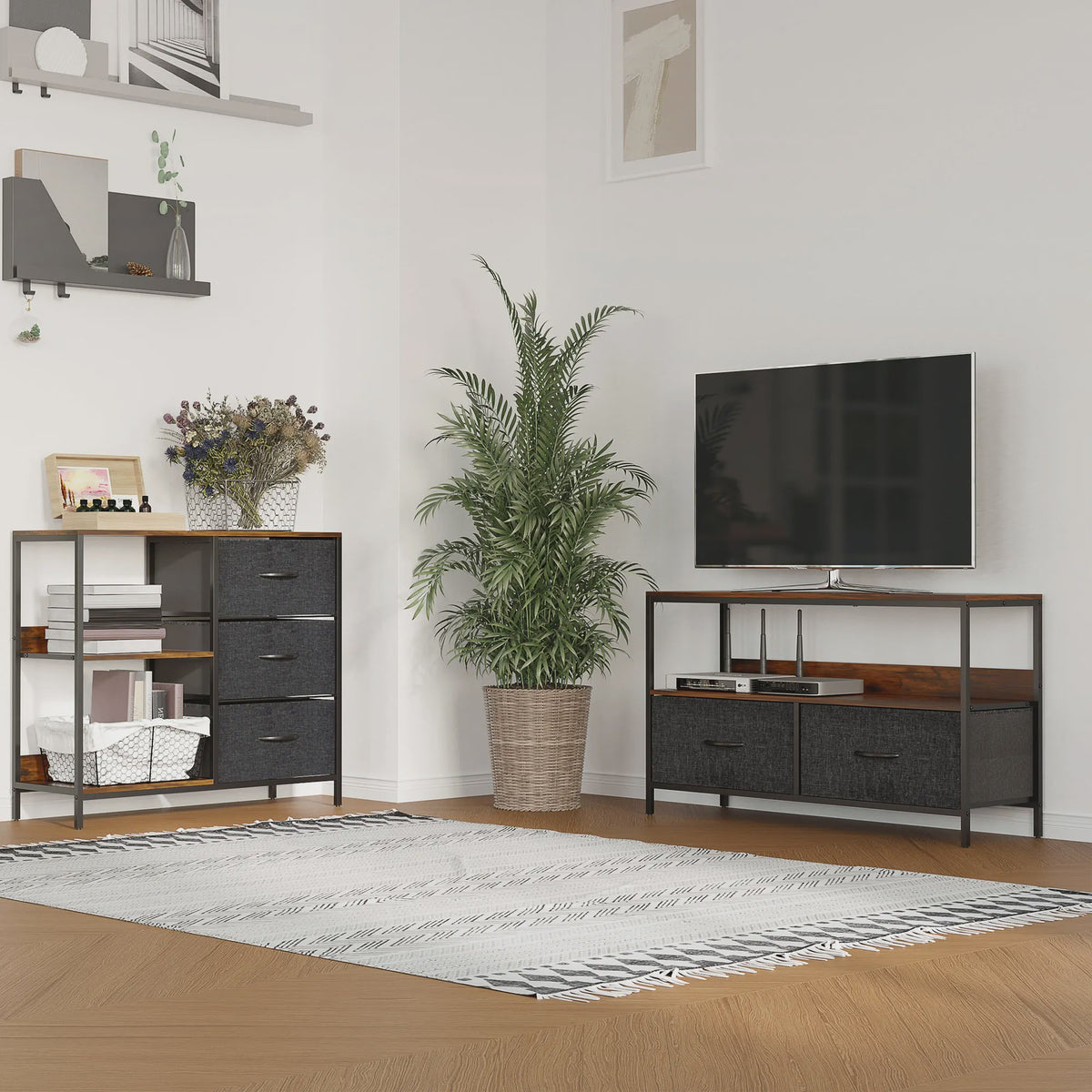 HOMCOM Furniture TV low on legs industrial Style 2 drawers in gray MDF fabric rustic brown and black metal