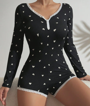 Dames Pyjama Jumpsuit met Liefdesprint - Lange Mouwen & Kantrandje