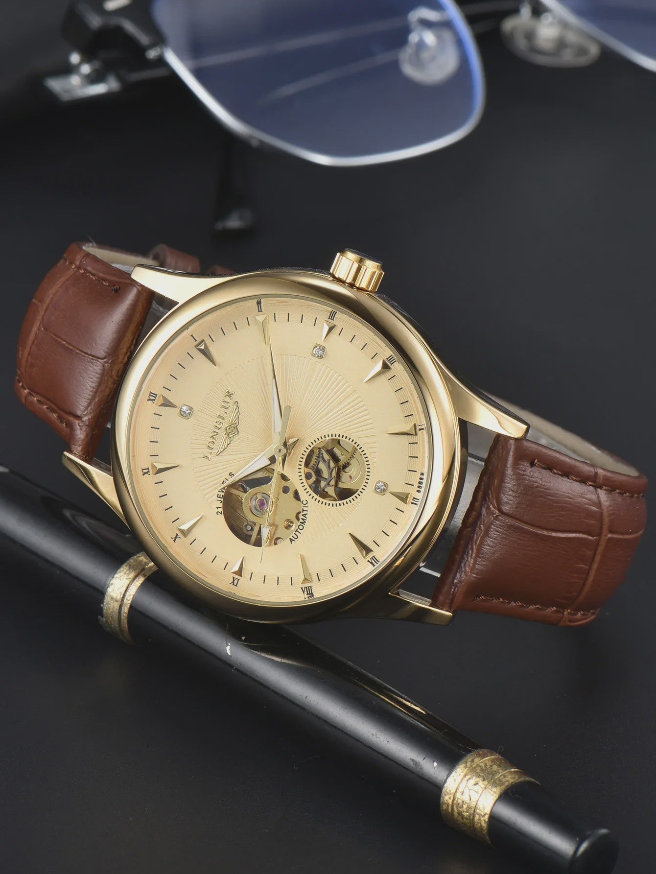 LONGLUX Heren Automatisch Skeleton Horloge - Elegant, Waterdicht & Romeinse Cijfers