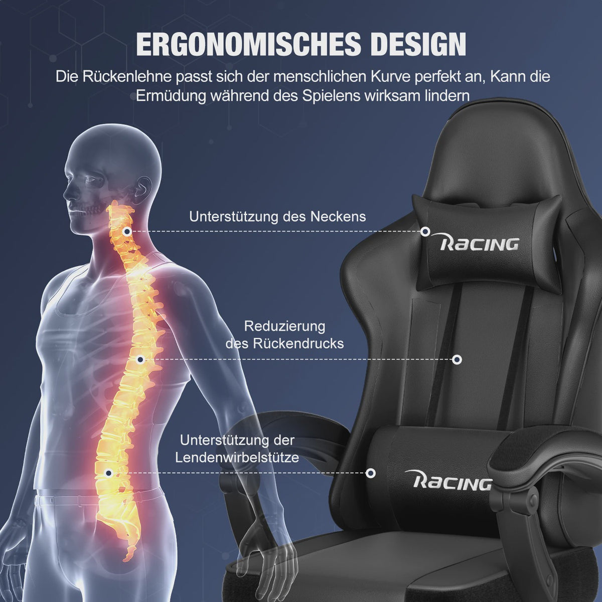 Ergonomische Gaming Stoel met Voetensteun, Hoofd- en Lendesteun | Max 150kg