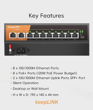 KeepLiNK 10-Poorts Gigabit PoE Switch: 8 PoE-poorten, 2 Uplinks, Plug & Play