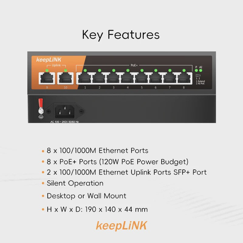 KeepLiNK 10-Poorts Gigabit PoE Switch: 8 PoE-poorten, 2 Uplinks, Plug & Play