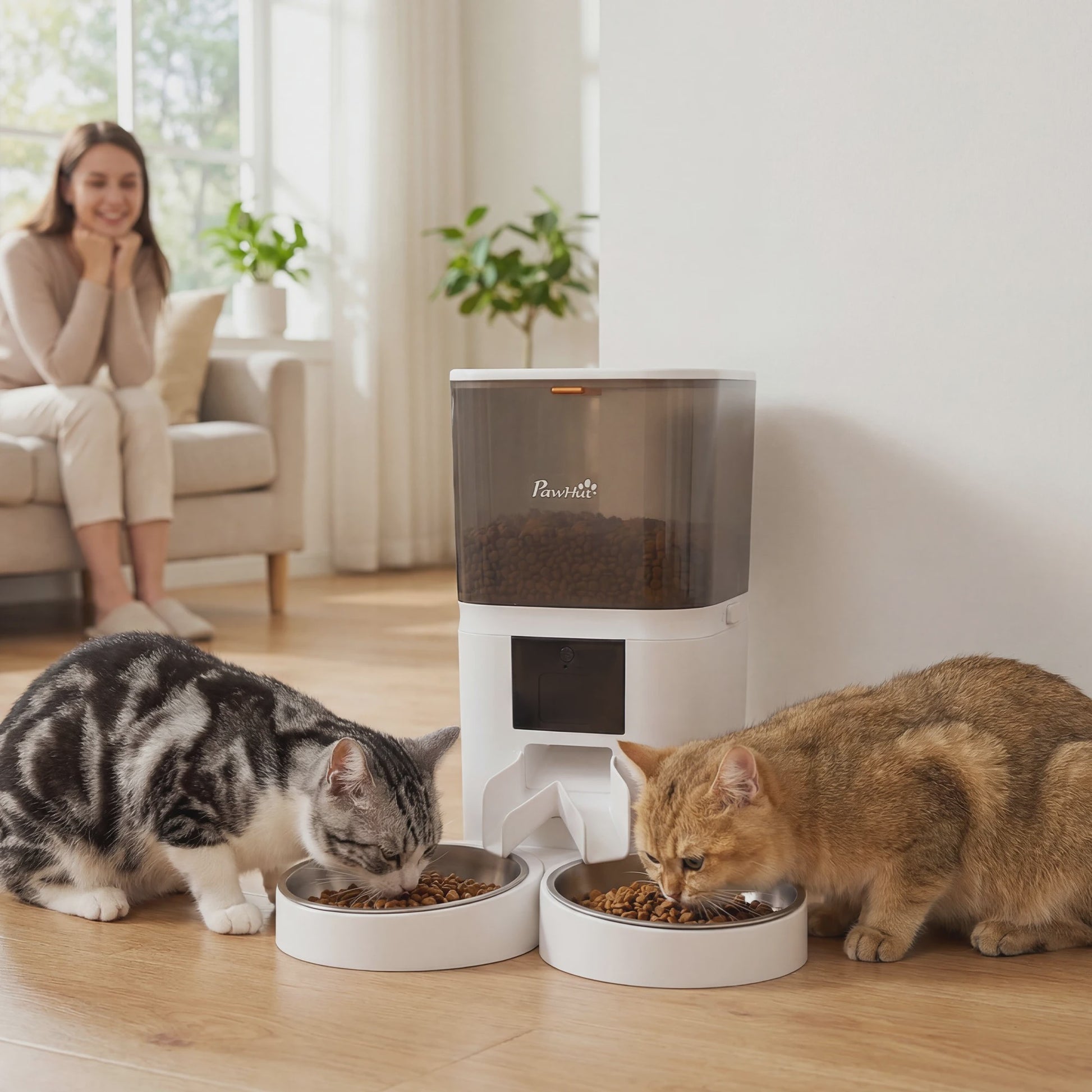 Pawhut Automatische Voerbak 6L met Wifi & App Bediening - Programmeerbaar, 2 Bakken, Spraakopname