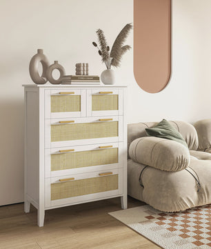 Stijlvolle Commode met 5 Lades en Rotan Fronten - Ideaal voor Woonkamer, Slaapkamer of Kantoor