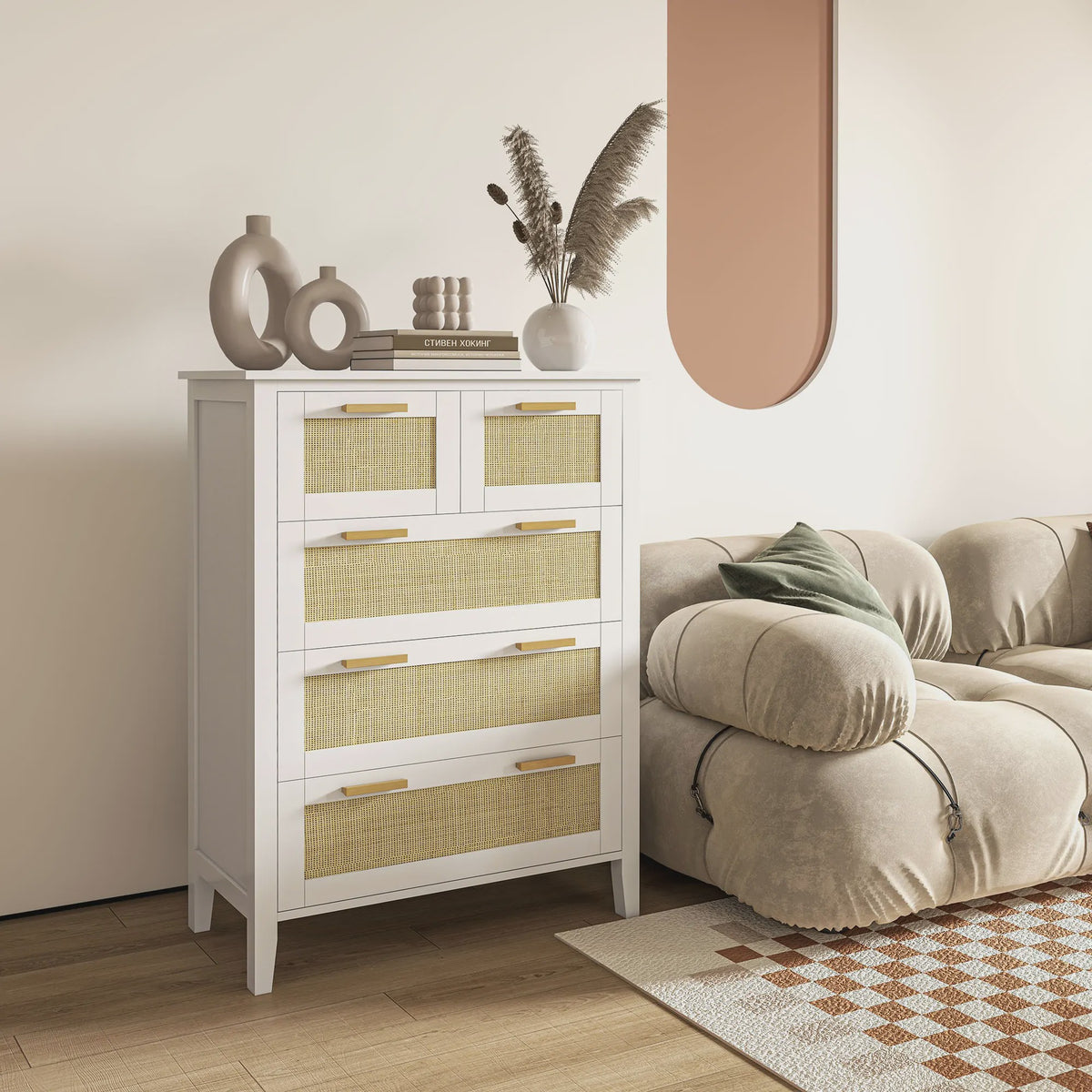Stijlvolle Commode met 5 Lades en Rotan Fronten - Ideaal voor Woonkamer, Slaapkamer of Kantoor