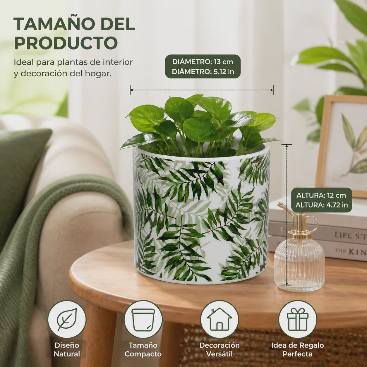 Decoratieve Keramische Bloempot met Groene Bladeren Print - 13x12cm Cilindrisch - Modern & Veelzijdig