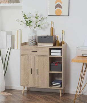 Modern Woonkamer Sideboard met 2 Deuren, 1 Lade en 3 Open Vakken - Natuurlijk Eikenhout - 80x30x96.5 cm