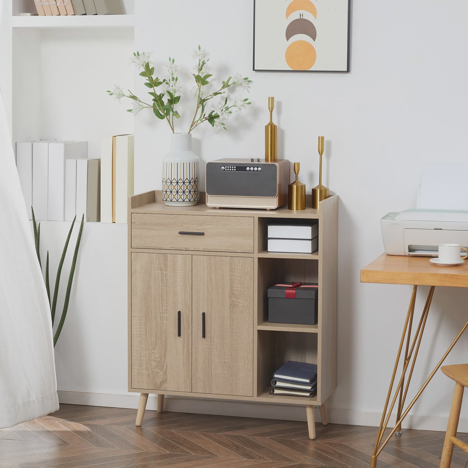Modern Woonkamer Sideboard met 2 Deuren, 1 Lade en 3 Open Vakken - Natuurlijk Eikenhout - 80x30x96.5 cm
