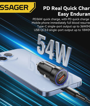 Essager 54W Snellader Auto | PD 3.0 & QC 3.0 | USB-C & USB-A | Snel Opladen Telefoon