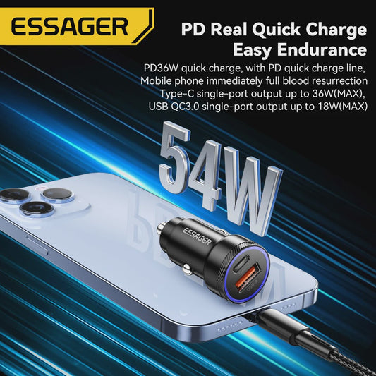 Essager 54W Snellader Auto | PD 3.0 & QC 3.0 | USB-C & USB-A | Snel Opladen Telefoon