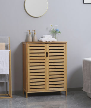 Bamboo Badkamerkast met 3 Niveaus en Dubbele Lameldeuren - 68x32x86 cm - Natuurlijk