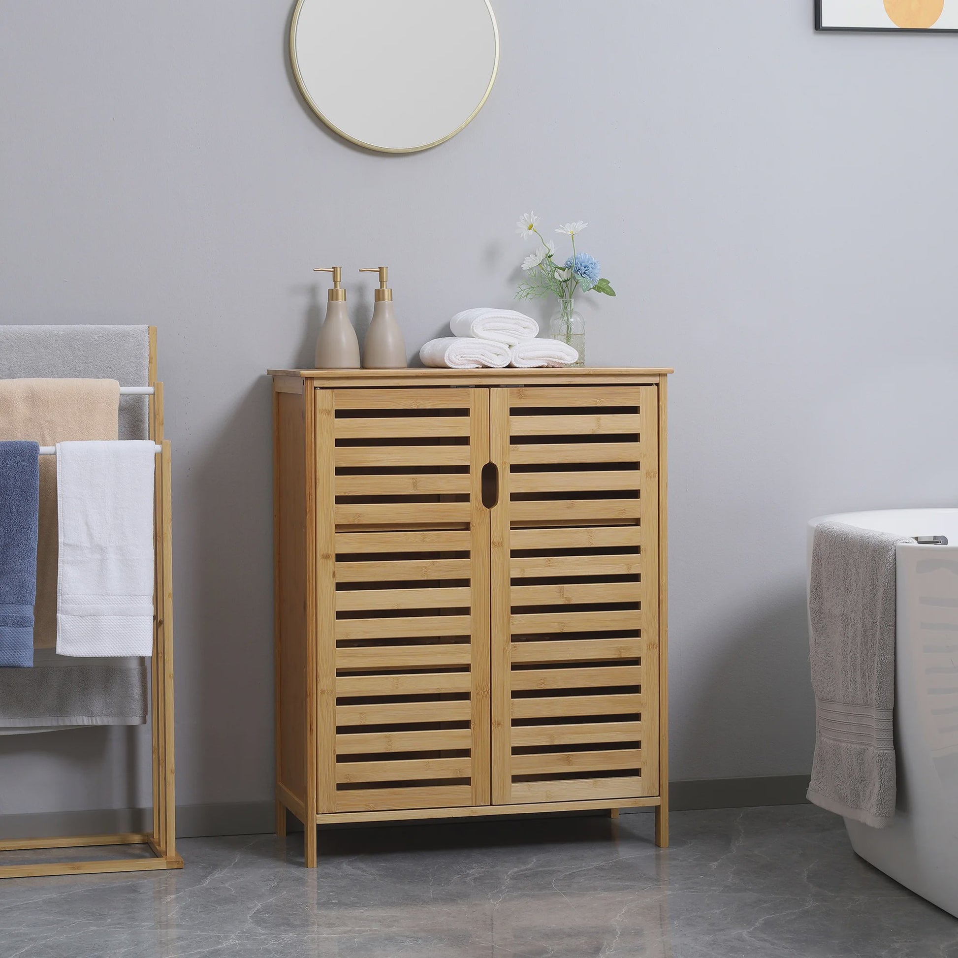Bamboo Badkamerkast met 3 Niveaus en Dubbele Lameldeuren - 68x32x86 cm - Natuurlijk