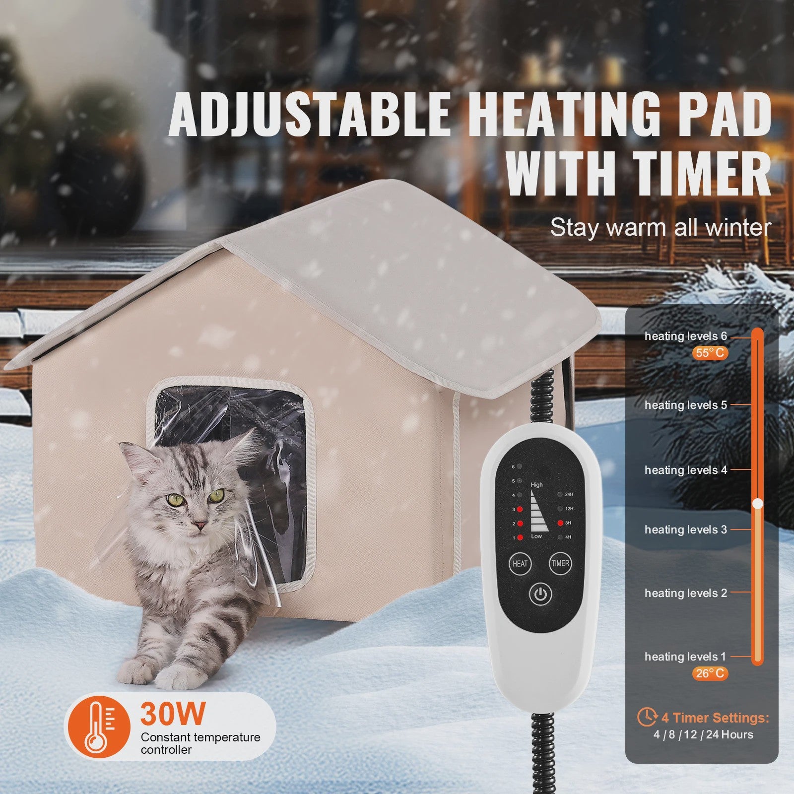 Verwarmd Kattenhuis Buiten - Waterdicht, Verstelbare Temperatuur & Timer