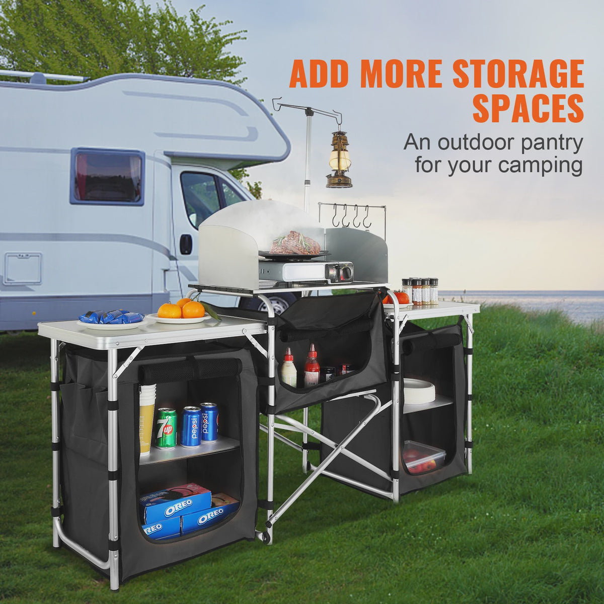 Opvouwbare Camping Keukentafel met Opbergkastjes en Windscherm - Aluminium